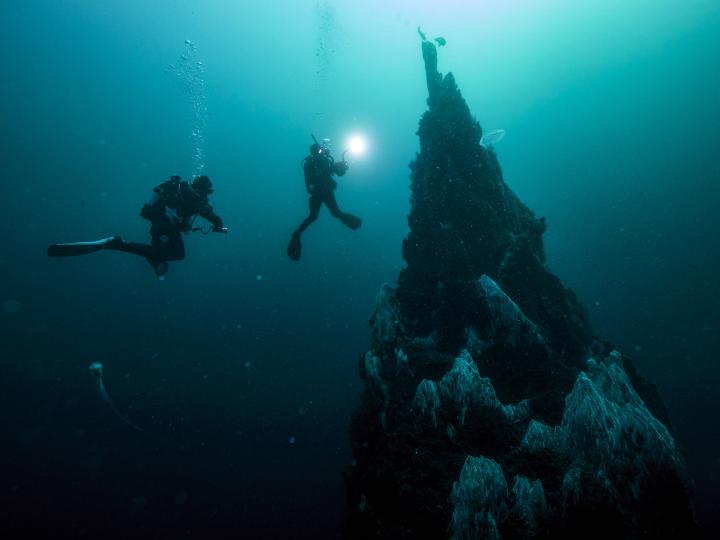 Deep diving in the ocean.