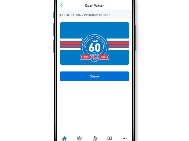 PADI 60th anniversary ecard on mobile device, featuring a blue background, retro red and white stripes